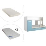 Vente - unique - lits superposs anthony avec rangements 3 x 90 x 190 cm - blanc et bleu + matelas