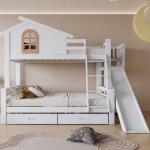Lit superpos en bois, 90 x 200 cm, lit pour enfants avec chelle et toboggan, lit maison avec fentres ...