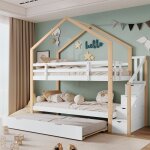 Lit superpos� 90x200cm + lit gigogne 90x190cm - lit cabane enfant avec escalier de rangement - en bois ...
