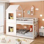 Lit superpos� cabane 90x200cm - en bois massif - avec 2 fen�tres - blanc