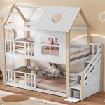 Lit superpos� lit cabane enfant 90 x 200 cm avec escalier de rangement, grille antichute, fen�tre et ...