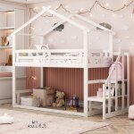 Lit superpos� cabane en pin massif avec escalier et sommier � lattes - 90x200cm - blanc