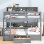 Lit superpos� 90x200 cm, lit enfant avec tiroirs et rangement, lattes inclus, gris, sans matelas