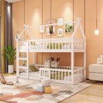 Lit superpos� enfant 90x200 cm, avec escalier, design loft, avec grille anti - chute, bois massif + mdf, ...