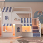 Lit superpos� enfant en forme de maison 90 x 200 cm avec led , fen�tres, toit, rambarde, porte et �chelle ...