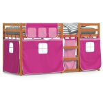 Lit superpos avec rideaux rose 75x190 cm bois pin massif