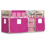 Lit superpos avec rideaux rose 75x190 cm bois pin massif