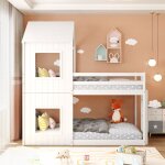 Lit superpos�, lit cabane enfant 90x200 cm avec �chelle et baldaquin, cadre de lit en bois de pin, blanc ...