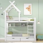 Lit superpos 90x200 cm lit cabane d'enfant avec tiroirs, tagres, chelle  trois marches et protection ...