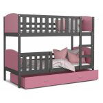 Lit superpos tomy 90x190 gris - rose livr avec sommiers, tiroir et matelas en mousse de 7cm