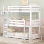 Lit superposé triple avec échelle et barrière de protection - 90x200cm - bois massif - blanc Lit superposé triple avec échelle et barrière de protection - 90x200cm - bois massif - blanc
