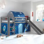 Les tendances - lit surlev avec toboggan gris dcor et tunnel fuse - pino