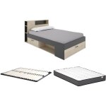 Lit avec t�te de lit rangements et tiroirs - 120 x 190cm - coloris : naturel et anthracite + sommier ...