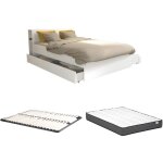 Vente - unique - lit avec tte de lit rangements et tiroirs 140 x 190 cm - blanc + sommier + matelas ...