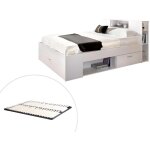 Vente - unique - lit avec tête de lit rangements et tiroirs - 160 x 200 cm - coloris : blanc + sommier ... Vente - unique - lit avec tête de lit rangements et tiroirs - 160 x 200 cm - coloris : blanc + sommier ...