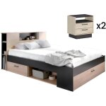 Lit avec tête de lit rangements et tiroirs - 160 x 200 cm - coloris : naturel et anthracite + chevets ... Lit avec tête de lit rangements et tiroirs - 160 x 200 cm - coloris : naturel et anthracite + chevets ...