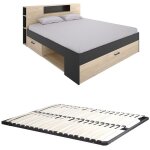 Lit avec t�te de lit rangements et tiroirs - 160 x 200 cm - coloris : naturel et anthracite + sommier ...