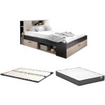 Lit avec tête de lit rangements et tiroirs - 160 x 200 cm - coloris : naturel et anthracite + sommier ... Lit avec tête de lit rangements et tiroirs - 160 x 200 cm - coloris : naturel et anthracite + sommier ...