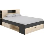 Lit avec tête de lit rangements et tiroirs - 160 x 200cm - coloris : naturel et anthracite - leandre Lit avec tête de lit rangements et tiroirs - 160 x 200cm - coloris : naturel et anthracite - leandre