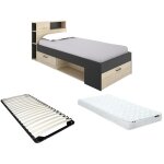 Lit avec t�te de lit rangements et tiroir - 90 x 190 cm - anthracite et naturel + matelas + sommier - ...
