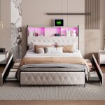 Lit avec tiroirs 180x200 cm - t�te de lit avec port de charge usb / type - c et �clairage led, lit double ...