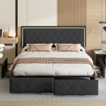 Tanant - lit double avec tiroirs 140x200 cm, lit capitonn� avec 4 tiroirs, t�te de lit rivet�e avec �clairage ...