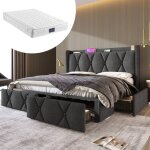 Lit 140x200 cm avec tiroir, lit capitonné, cadre de lit avec 4 tiroirs et chargement usb, sommier à lattes ... Lit 140x200 cm avec tiroir, lit capitonné, cadre de lit avec 4 tiroirs et chargement usb, sommier à lattes ...