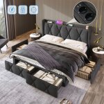 Lit 140x200 cm avec tiroir, lit capitonn, cadre de lit avec 4 tiroirs et chargement usb, sommier  lattes ...