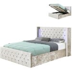 Lit velours coffre led grand tte de lit osmos - velours beige - 180x200, style baroque, 219 x 204 x ...