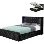 Lit velours coffre led grand t�te de lit osmos - velours noir - 140x190, style baroque, 209 x 164 x 113 ...