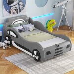 Lit voiture 90x200 cm, lit enfant 90x200 cm avec sommier � lattes et rangement sous le lit, gris