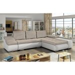 Mobilier deco - lohan - canap d'angle convertible coffre de rangement en tissu beige et simili blanc ...