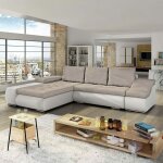 Mobilier deco - lohan - canap� d'angle convertible coffre de rangement en tissu beige et simili blanc ...