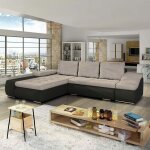 Mobilier deco - lohan - canap� d'angle convertible coffre de rangement en tissu beige et simili noir ...