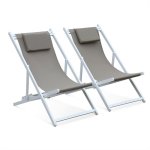 Sweeek - lot de 2 bains de soleil - gaia taupe - en aluminium blanc et textilene taupe avec coussin repose ...