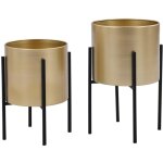 Lot de 2 cache - pots sur pied en m�tal - d. 25 x h. 39 et d. 23 x h. 35. 5 - dor� et noir - edmee