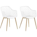 Lot de 2 chaises design avec assise en plastique blanc et pieds en métal effet bois clair pour salle ... Lot de 2 chaises design avec assise en plastique blanc et pieds en métal effet bois clair pour salle ...