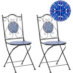 Lot de 2 chaises de jardin vintage en m�tal ext�rieur motif mosa�que bleue cadre en fer pliantes noir ...
