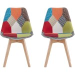 Lot de 2 chaise de salle � manger en lin avec pieds en h�tre massif, design r�tro patchwork multicolore ...