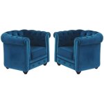 Vente - unique - lot de 2 fauteuils chesterfield - velours bleu canard Vente - unique - lot de 2 fauteuils chesterfield - velours bleu canard
