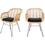 House nordic - lot de 2 fauteuils indoor / outdoor aspect rotin et mtal avec coussin - bois clair - ...