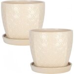 Lot de 2 pots de fleurs en c�ramique pour plantes � 17 cm cr�me vintage avec bac d'�gouttement motif ...