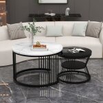 Wishdor - table basse gigogne ronde, lot de 2, table basse gigogne blanche et noire, cadre en métal noir, ... Wishdor - table basse gigogne ronde, lot de 2, table basse gigogne blanche et noire, cadre en métal noir, ...