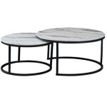 Lot de 2 tables basses gigogne arto m�tal noir et plateau verre effet marbr� noir