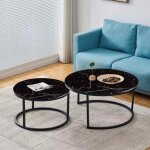 Lot de 2 tables basses gigogne arto m�tal noir et plateau verre effet marbr� blanc