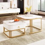 Lot de 2 table basse gigogne, carr�e, 60 cm, avec plateau de effet marbre, brillante, tiroirs, pieds ...