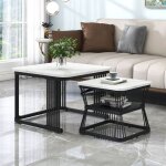 Lot de 2 table basses gigogne carr�e, 65 cm - plateau brillant en bois effet marbre pvc, noir pieds m�tal, ...