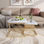 Lot de 2 tables basses gigognes carr�es, avec motif en marbre et cadre en m�tal, petite table basse moderne ...