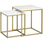 Lot de 2 tables basses gigognes carrées style art déco - acier doré panneaux aspect marbre blanc Lot de 2 tables basses gigognes carrées style art déco - acier doré panneaux aspect marbre blanc