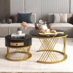 Modernluxe - lot de 2 tables basses gigognes - dessus effet marbre - tiroirs en rotin - structure dorée ... Modernluxe - lot de 2 tables basses gigognes - dessus effet marbre - tiroirs en rotin - structure dorée ...
